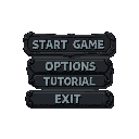 make  a buttons (start game, options, tutorial, exit) use vt323 font for. i will use it in game, vibe of game is dark with knights and nightmares, maybe buttons can have a image of campfire or sword  