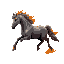 realistic grey horse covered in ash, galloping facing left to right, on fire