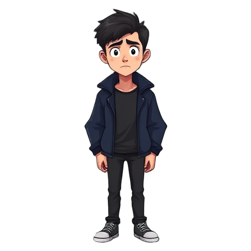 make a male character with a dark blue jacket with black shirt inside,it should be of a horror game , he should look confused,but filled courage but a sadness is inside him