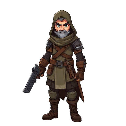 dystopian medieval gunner, protagonist, unique design, rugged clothes