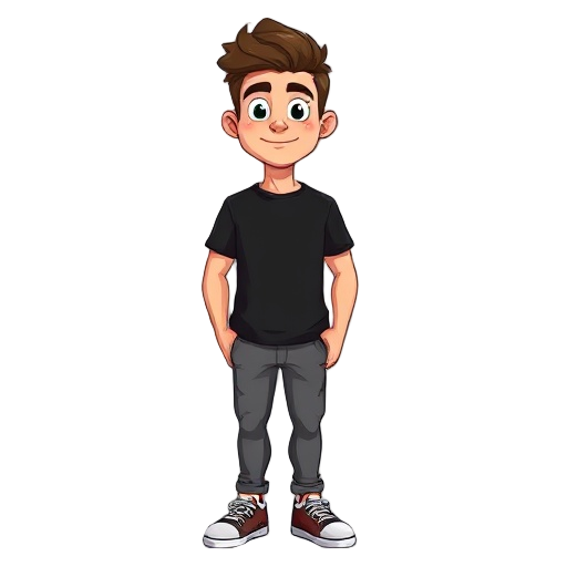 generate a guy with a black tshirt and grey lower and wearing sneakers he's 5 foot 9 inches tall and has a mildly muscular build and a fair skin tone