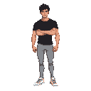 generate a guy in a berserk , with a black tshirt and light grey lower and wearing white sneakers he's 5 foot 9 inches tall and has muscular build and a fair skin tone and black curly hair 