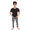 generate a guy in a dark style , with a black tshirt and light grey lower and wearing white sneakers he's 5 foot 9 inches tall and has muscular build and a fair skin tone