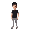 generate a guy in a dark style , with a black tshirt and light grey lower and wearing white sneakers he's 5 foot 9 inches tall and has muscular build and a fair skin tone and black curly hair 