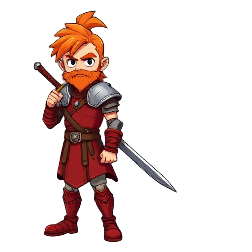 orange long-haired beardless warrior in red armor carrying a long sword behind him