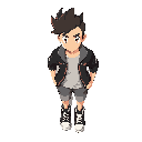 jovem treinador pokémon, boné vermelho e branco, cabelo preto espetado, jaqueta preta com detalhes dourados, camiseta branca, calças moletom, tênis preto e amarelo.