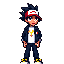 jovem treinador pokémon, boné vermelho e branco, cabelo preto espetado, jaqueta preta com detalhes dourados, camiseta branca, calças moletom, tênis preto e amarelo.