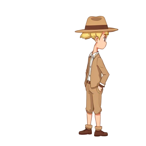 fet, açık sft pastel colors, light brown outfit, light blonde hair (eyes visible), beige fedora, facing right, idle 2-frame breathing, simple shading male