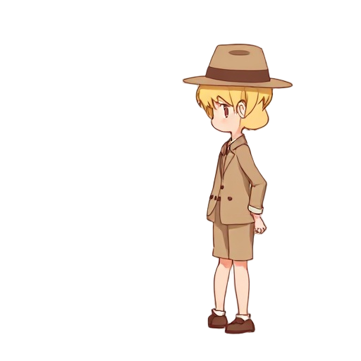 fet, açık sft pastel colors, light brown outfit, light blonde hair (eyes visible), beige fedora, facing right, idle 2-frame breathing, simple shading