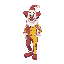 genera uno sprite sheet in stile 16-bit per un clown. il clown deve avere un design classico con trucco, naso rosso, vestiti colorati e scarpe grandi. deve includere tutte le animazioni di camminata:
