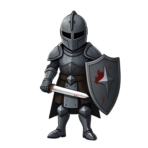faceless knight in full plate armor, rounded helmet with dark visor slit. matte gray steel, worn but intact. holds a blood-stained shield in left hand and a plain longsword in right. no cape or crest, only grim endurance.