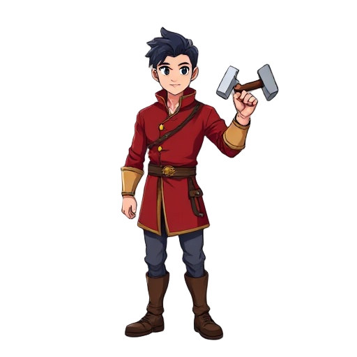 man dressed in red with a hammer in his right hand, anime style