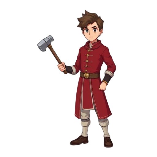 man dressed in red with a hammer in his right hand, anime style
