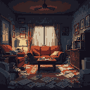 interior, dim lighting, a cluttered living room, newspapers scattered on the floor.