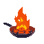 a frying pan on which food is cooked and the food burns. the handle is on the left. the fire is large and scarlet red