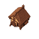 tavern with a brown roof and a door on the left