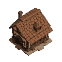 tavern with a brown roof and a door on the left