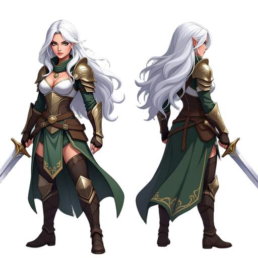 dark fantasy human female warrior ,realistic body size, white long hair ,fight stance face sideways