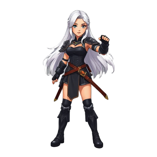 dark fantasy human female warrior ,realistic body size, white long hair ,fight stance face sideways
