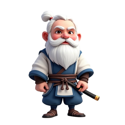 a samurai with a white beard and a white and blue tunic