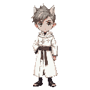 a young boy wizard apprentice, wolfcut hair, bright focused eyes, wearing a pristine white robe adorned with subtle arcane symbols of a magic academy, standing confidently, soft mystical lighting, anime-inspired style, detailed facial features, full-body 