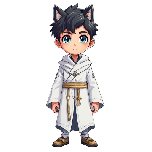 a young boy wizard apprentice, wolfcut hair, bright focused eyes, wearing a pristine white robe adorned with subtle arcane symbols of a magic academy, standing confidently, soft mystical lighting, anime-inspired style, detailed facial features, full-body 