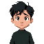  young man with medium-length, slightly messy black hair. his large, expressive eyes have a tired look, giving him a melancholic expression. he wears a dark green striped sweater, and the background i