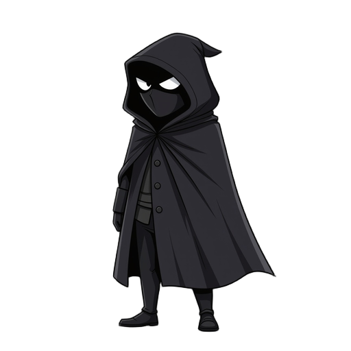 a dark shady character wear detective type black cloak which hides his face , side scrolling platform game no glass 