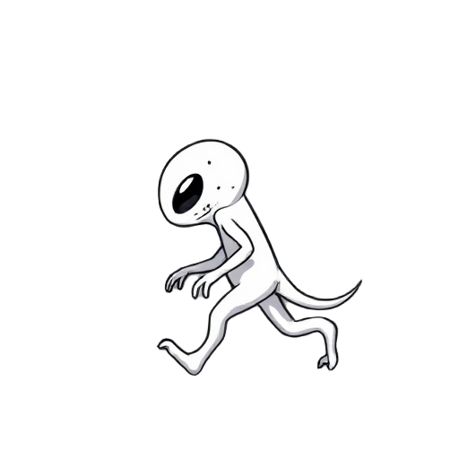 draw me a white alien monster without eyes in a walking pose from the side view