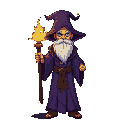"pixel art character, fantasy style  a mystical wizard with a flowing robe and glowing staff,magical aura around retro pixel aesthetic rpg gamlel lslprilte, vibrant colors 