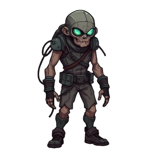pixel character: a hunched, gaunt man with a cracked visor, tattered uniform, and exposed wiring. muted colors and eerie glow. signalis style, capturing the horror of a broken soul.