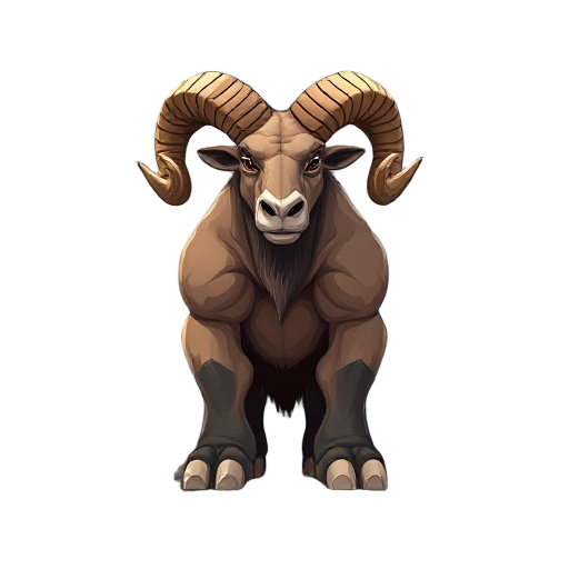 a colossal bipedal ram-like creature stands powerfully on rocky terrain against a mountainous backdrop under a dramatic, cloudy sky. the character has a ram's head with large, curved, textured horns a