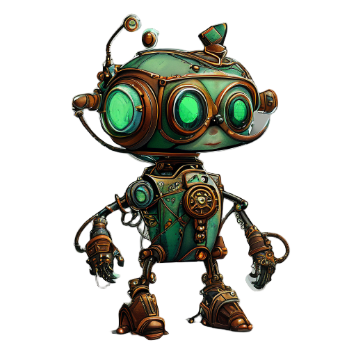 chatarrero pequeño autómatas arácnido, rápido y débil,  el arte mezcla steampunk con art déco, paleta de colores dominada por bronces, ocres y cobres, con colores de acento vibrantes, verde del invernadero y el azul de la energía  magnetica