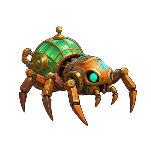chatarrero pequeño autómatas arácnido, rápido y débil,  el arte mezcla steampunk con art déco, paleta de colores dominada por bronces, ocres y cobres, con colores de acento vibrantes, verde del invernadero y el azul de la energía  magnetica