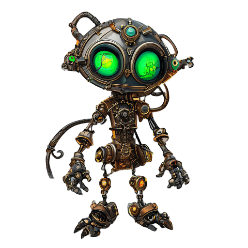 chatarrero pequeño autómatas arácnido, rápido y débil,  el arte mezcla steampunk con art déco, paleta de colores dominada por bronces, ocres y cobres, con colores de acento vibrantes, verde del invernadero y el azul de la energía  magnetica