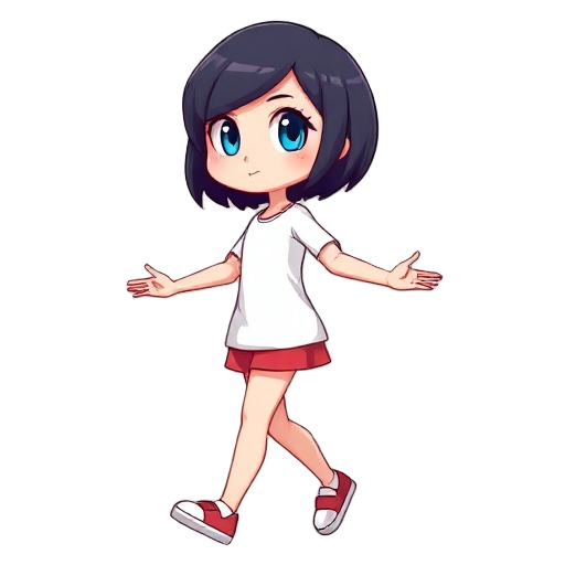 girl, short black hair, blue eyes, , full body, modern art, assets, arms and legs open, body turned half to the right, looking to the right, walk