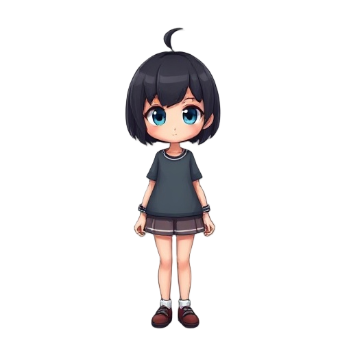  girl, short black hair, blue eyes,