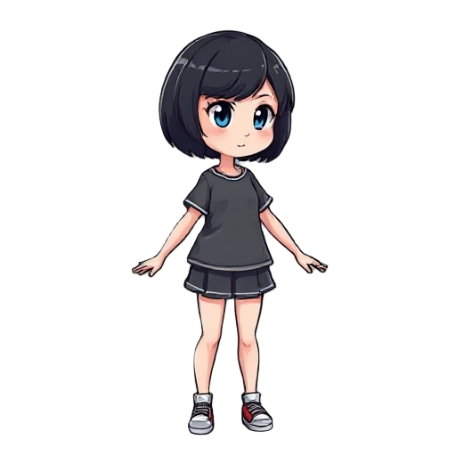 girl, short black hair, blue eyes, , full body, modern art, assets, arms and legs open, body turned half to the right, looking to the right. 