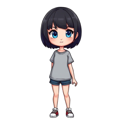  girl, short black hair, blue eyes, t pose, full body, modern art, assets. 
