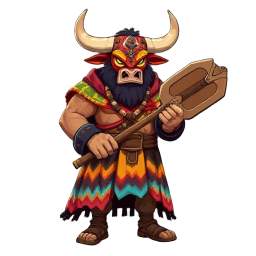 a burly man wearing a colorful bull warrior mask with large horns, covered by a long folkloric cloak with wavy multicolored stripes, holding a large stylized paddle shaped like a lethal war weapon, with sharp edges and reinforced details.