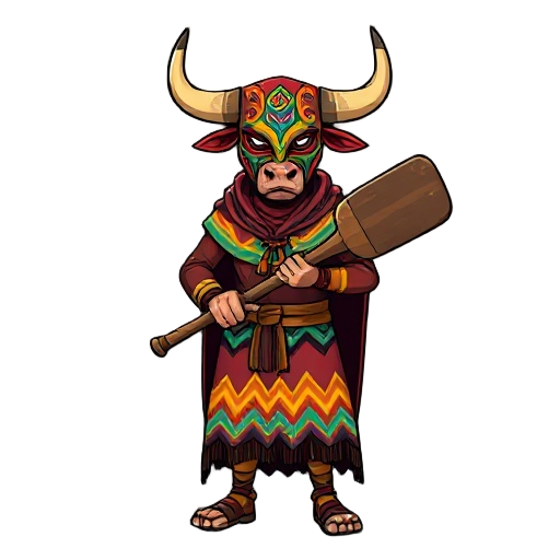 a man wearing a colorful bull warrior mask with large horns, covered by a long folkloric cloak with wavy multicolored stripes, holding a large stylized paddle as a war weapon.