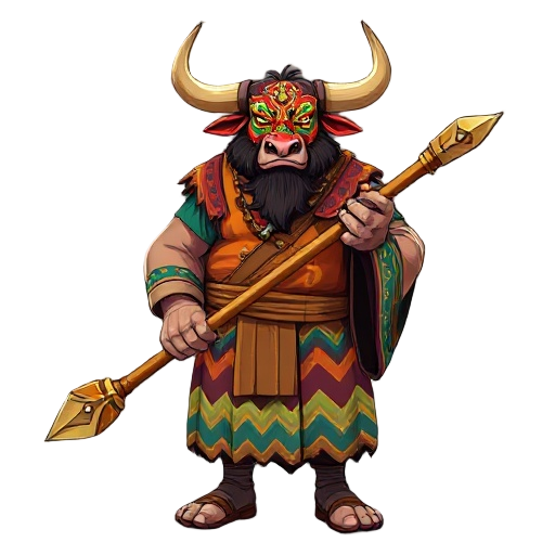 a burly, strong and overweight man wearing a colorful bull warrior mask with large horns, dressed in a full-body folkloric outfit: a long cloak with wavy multicolored stripes covering his body, holding a long stylized paddle shaped like a lethal war spear
