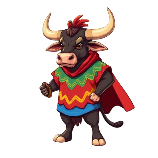 an anthropomorphic bull warrior, large horns, wearing a colorful folkloric cape with red, yellow, green and blue wavy stripes, holding a stylized wooden paddle as a weapon