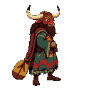 a burly, strong man in side view, facing right, wearing a vibrant bull warrior mask with large horns and a fierce look. he is covered by a long folkloric cloak with flowing multicolored wavy stripes and firmly holds a long stylized paddle shaped as a leth