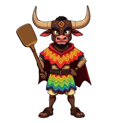 a man wearing a bull warrior mask with large horns, dressed in a colorful folkloric cape with red, yellow, green, and blue wavy stripes, holding a stylized paddle as a weapon.