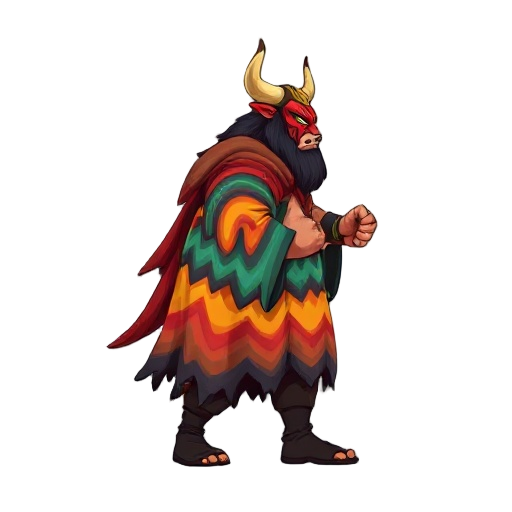 a burly, strong man in side view, facing right, wearing a vibrant bull warrior mask with large horns and a fierce look. he is covered by a long folkloric cloak with flowing multicolored wavy stripes and firmly holds a long stylized paddle shaped as a leth