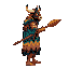 burly, strong man in side view, facing right, wearing a vibrant bull warrior mask with large horns and a fierce look. he is covered by a long folkloric cloak with flowing multicolored wavy stripes and firmly holds a long stylized paddle shaped as a lethal
