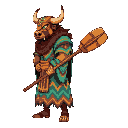 a burly, strong man in side view, wearing a vibrant bull warrior mask with large horns and a fierce look. he is covered by a long folkloric cloak with flowing multicolored wavy stripes and firmly holds a long stylized paddle shaped as a lethal war spear