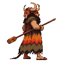 a burly, strong man in side view, facing right, wearing a vibrant bull warrior mask with large horns and a fierce look. he is covered by a long folkloric cloak with flowing multicolored wavy stripes and firmly holds a long stylized paddle shaped as a leth