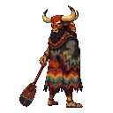 a burly, strong man in side view, facing right, wearing a vibrant bull warrior mask with large horns and a fierce look. he is covered by a long folkloric cloak with flowing multicolored wavy stripes and firmly holds a long stylized paddle shaped as a leth